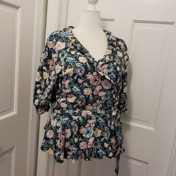 NWT LOFT Garden Floral Print Wrap Top Size XL, Victorian Feel Linen Blend - Picture 1 of 13
